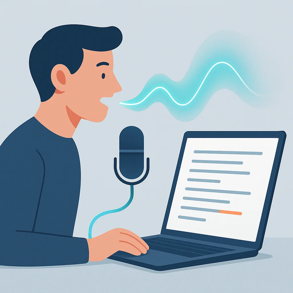 An illustration showing a soundwave from a microphone converting into text on a laptop screen, symbolizing the speed and efficiency of LazyTyper.